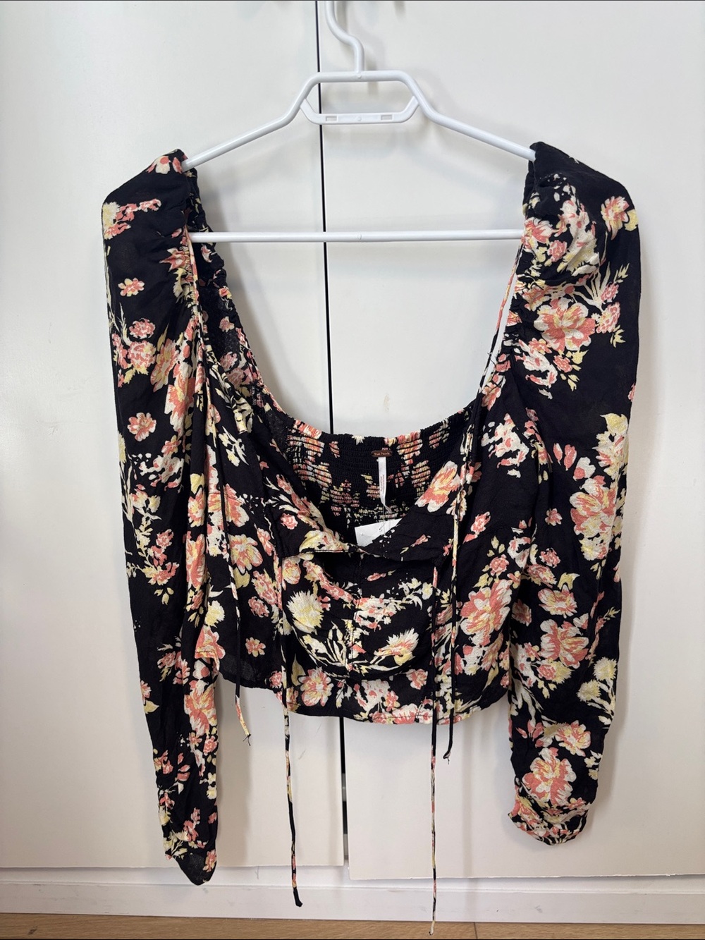 Free People Black Floral Square-Neck Crop Top with Pink and Cream Blossoms